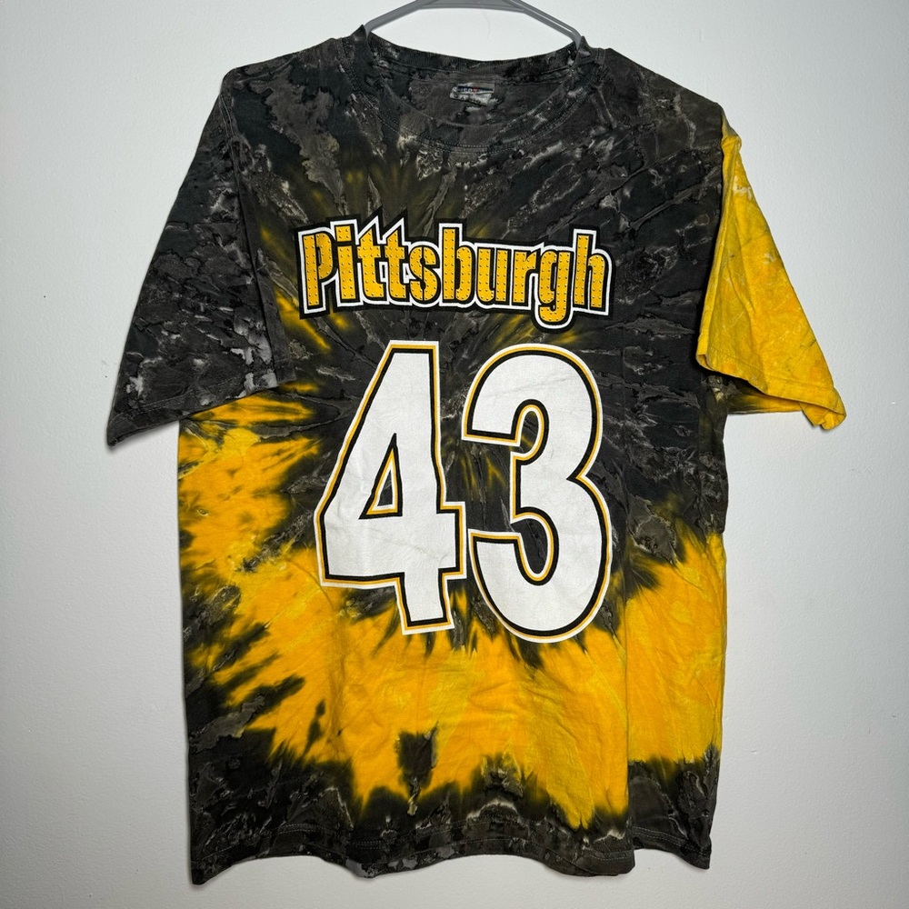 Vintage Pittsburgh Steelers 43 Troy Polamalu Black Yellow Tie Dye T Shirt Size L
